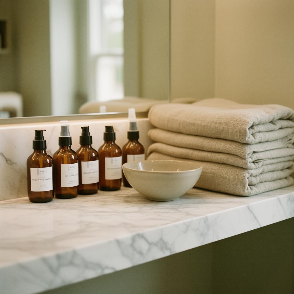 Beauty salon marble counter with amber skincare bottles, folded linen towels and a ceramic bowl in soft morning light