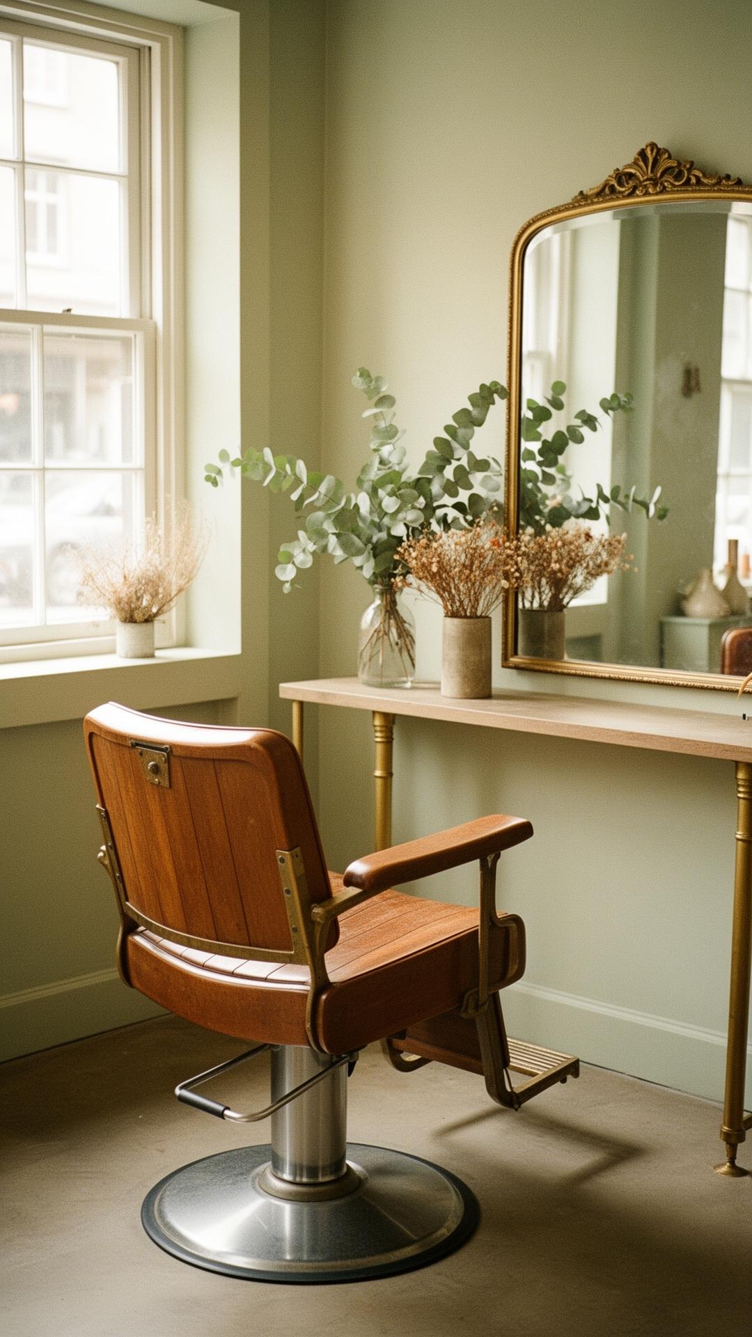 Sunlit hair salon corner with vintage wooden styling chair, brass-framed mirror and eucalyptus on a wooden console